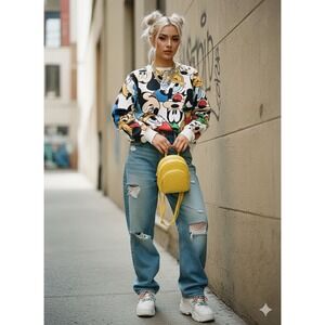 VINTAGE 90s Style Disney All Over Print Sweatshirt‎ AOP Mickey Donald Goofy SM